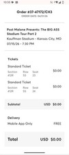 Post Malone BIG ASS Stadium Tour Tickets Kauffman Stadium KC MO 7/15/26 Sec 412…