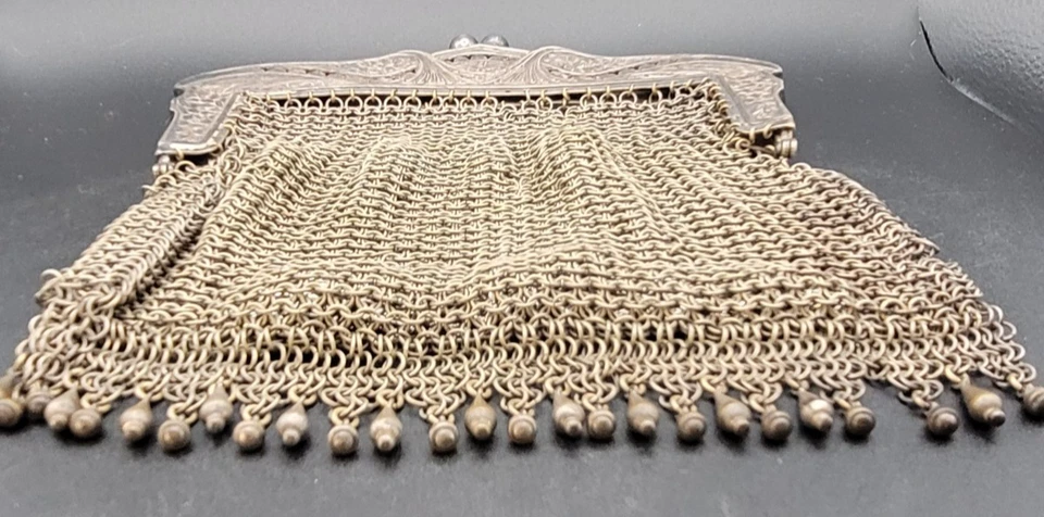 ArtNouveau German Silver Mesh Purse Hand Linked Chainmail Bag c.1900-1915 Fringe - Image 3 of 4