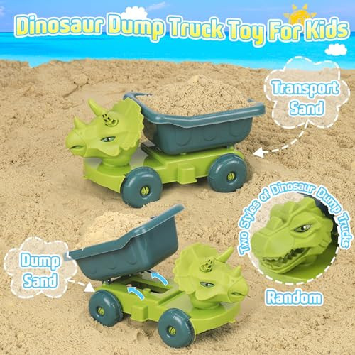 Beach Toys, Dinosaur Sand Toys with Dump Truck and Collapsible Beach Bucket, - Picture 4 of 7