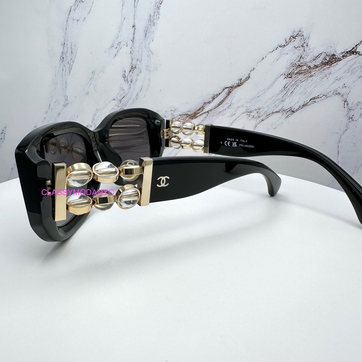 New CHANEL Sunglasses Black Polarized CC Rotating Pearls Seen On