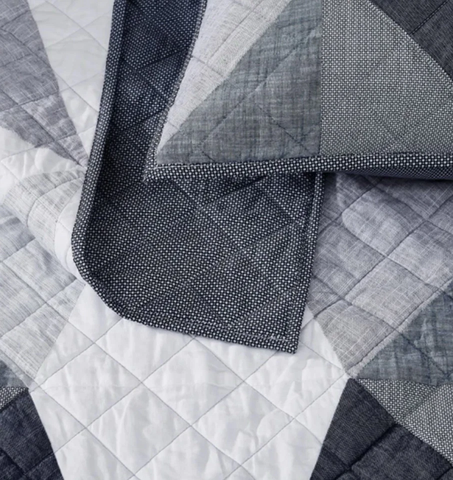 Origami Pieced Reversible Modern Patchwork 3-piece Quilt Set | Queen - Blue - Image 2 of 4