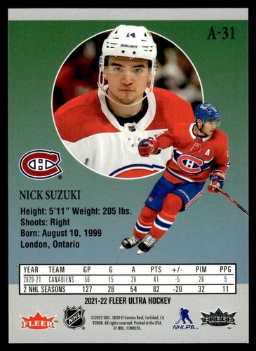 2021-22 FLEER ULTRA 30TH Nick Suzuki Montreal Canadiens #14 - Bild 2 von 2