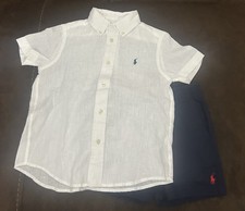 Polo Ralph Lauren Boys' 5 Short-Sleeve Linen Shirt White With Blue Shorts 2Pc