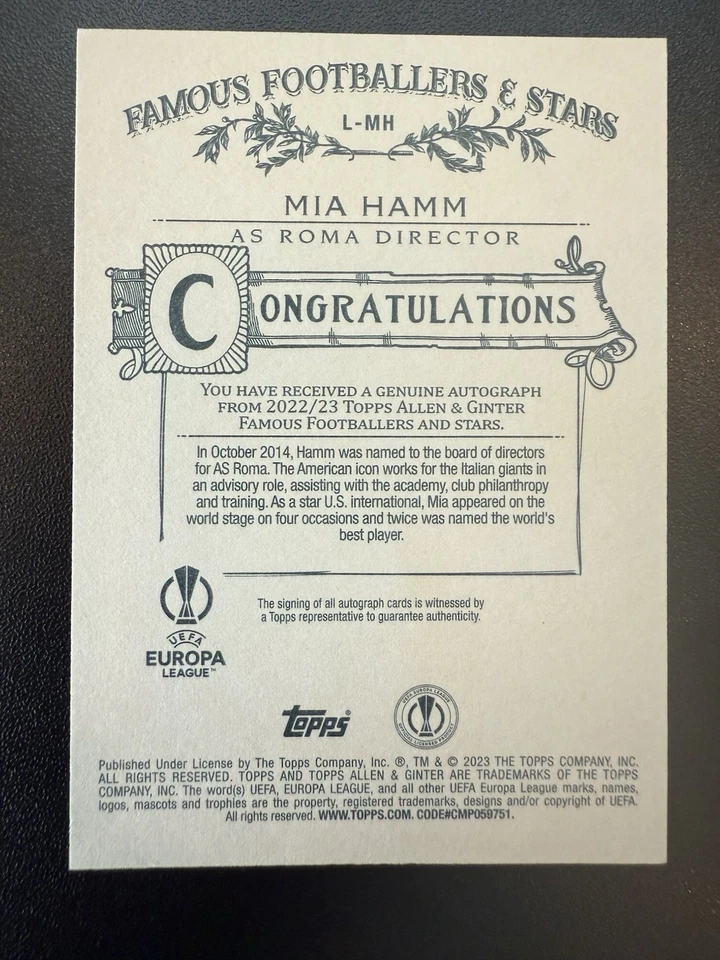 2023 Topps Allen & Ginter Mia Hamm On Card Autograph UEFA Famous Stars - Image 2 of 2