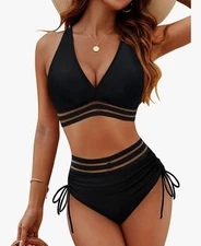 Blooming Jelly Womens XL Black High-Waisted Bikini 2 Pc Set With Sheer Stripes