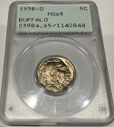 1938-D Buffalo Nickel MS65 5c PCGS Rattler OGH Great Toning (G10)