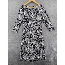 Lauren Ralph Lauren Faux Wrap Dress 10 Navy Floral Ruched V-Neck 3/4 Sleeve