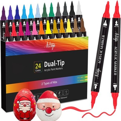 24 Colors Acrylic Paint Pens, Dual Tip Markers for Rock, Ceramic, Wood, Plastic,