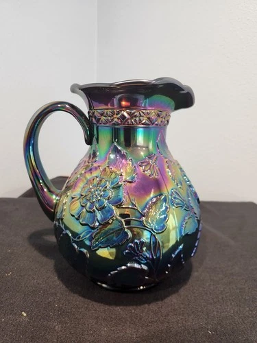 FENTON LARGE GREEN IRIDESCENT RAISED GLASS PITCHER VASE