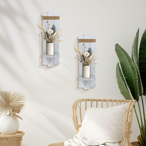Farmhouse Wall Decor Candle Sconces - 2 Pcs Rustic Scandinavian Handmade Wood... - Picture 4 of 6