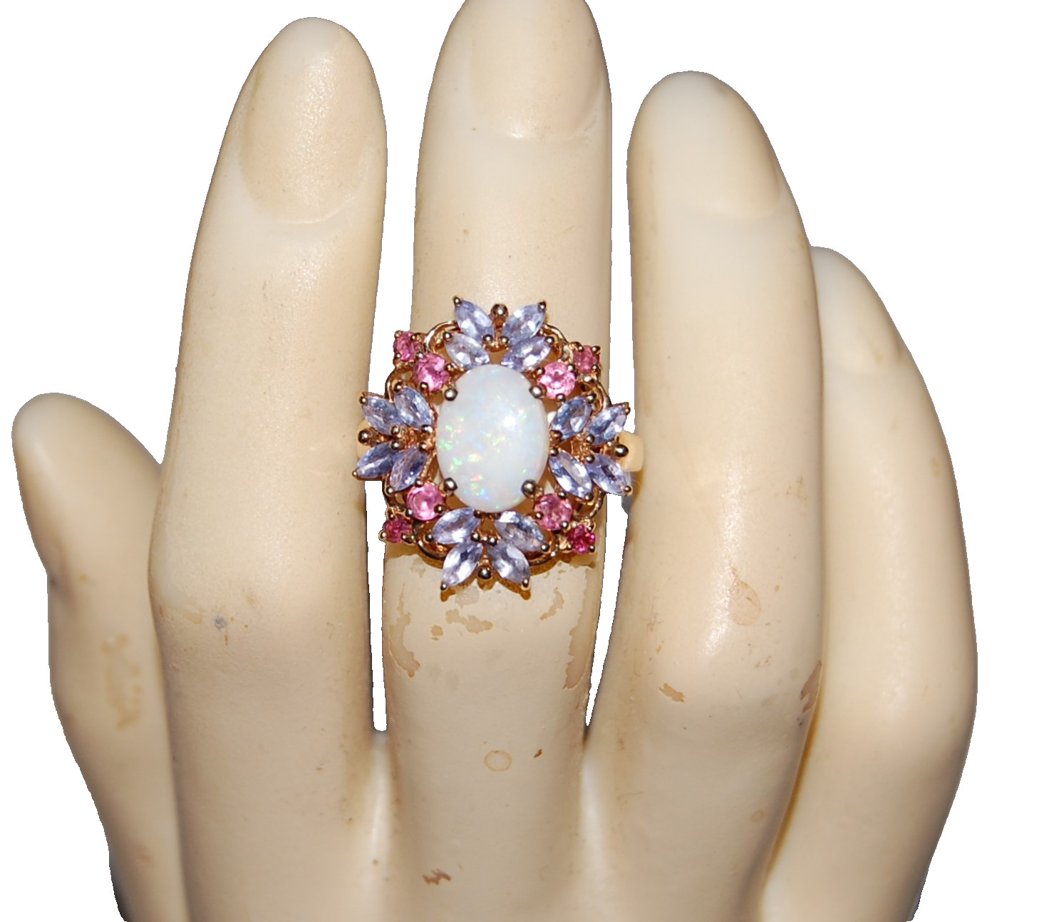 10K Gold Ring Fire Opal Tanzanite Ruby Floral Clu… - image 8