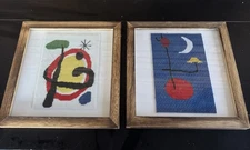 Framed Abstract Needlework Artwork Joan Miro Inspired Mid Century Modern Pair