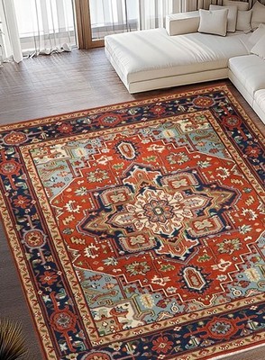Hank Woven Dyson Red & Blue Heriz Traditional  Hand Knotted Soft Wool Area Rug