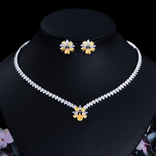 Yellow CZ Flower Drop Earrings Necklace Fashion Jewelry Set for Brides Pageant
