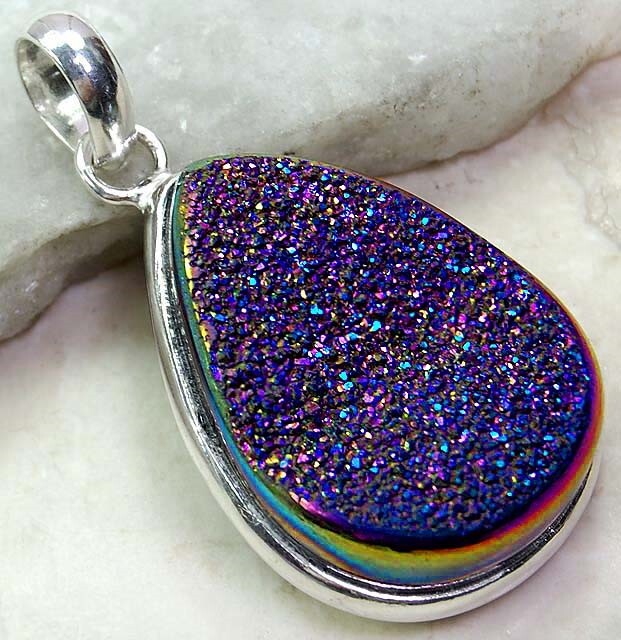 Natural Titanium Druzy 925 Solid Sterling Silver Pendant Jewelry @B18-6