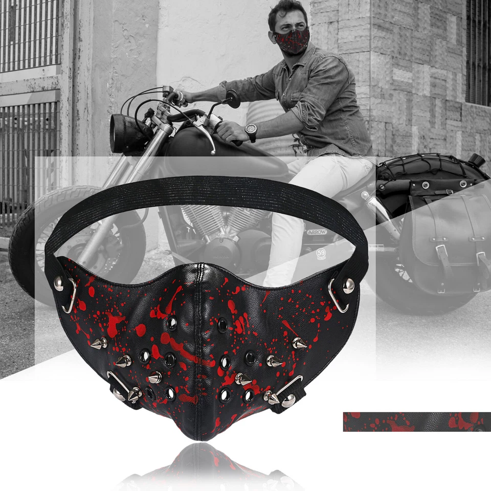 Punk Leather Spike Mask Gothic Rivet Biker Motorcycle Mask Half Face Sports Mask - Image 2 of 4