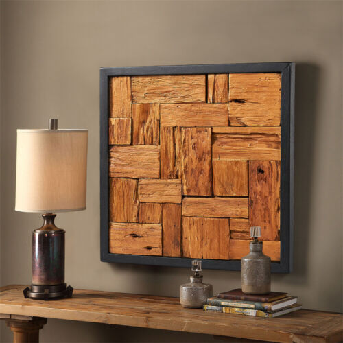 Arte de pared de collage de listones de granja de 17""x17"" decoración rústica de madera de teca hecha a mano - Imagen 10 de 33