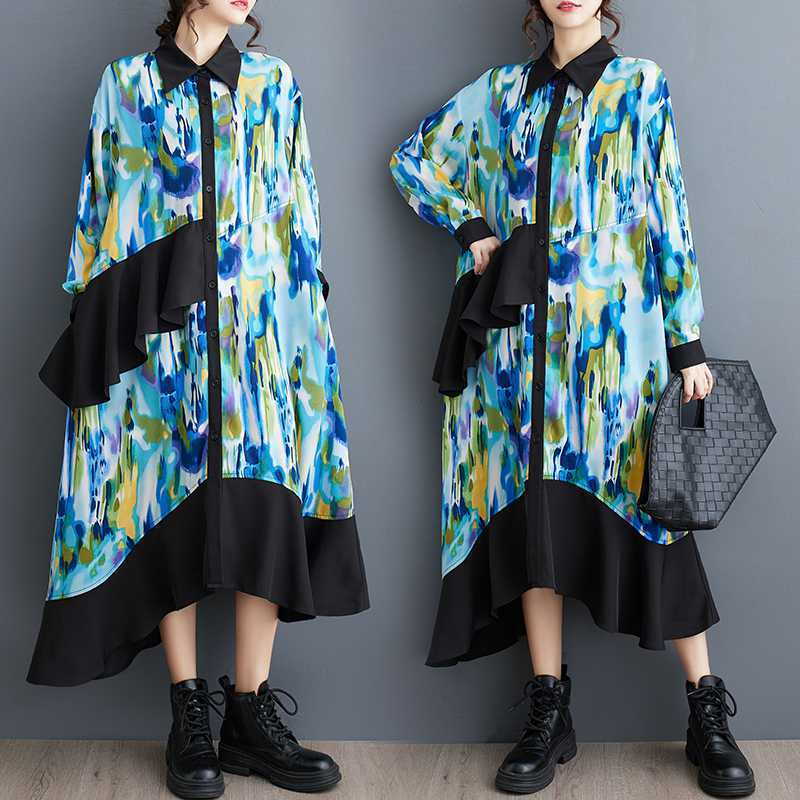 Print Irregular Hem Long Shirt Dress Loose Fit Casual Plus Size Women's Dress Print Irregular Hem Long Shirt Dress Loose Fit Casual Plus Size Women's Dress