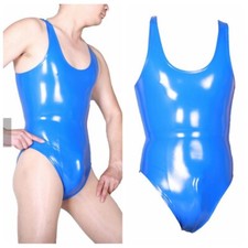 Hommes Faux Latex Effet Mouillé Body Bleu Maillot de Bain Lingerie Club Glitter