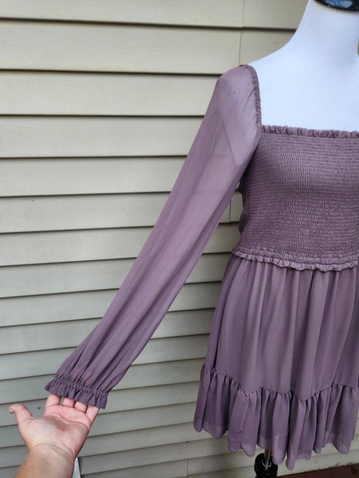 Aritzia Wilfred Tempest Dress LARGE Mauve Brown Smock Square Neck Sheer Sleeves - Image 4 of 4