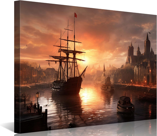Pirate Ship Wall Art Nautical Decor Sailboat Seascape Sunset Posters Canvas P...