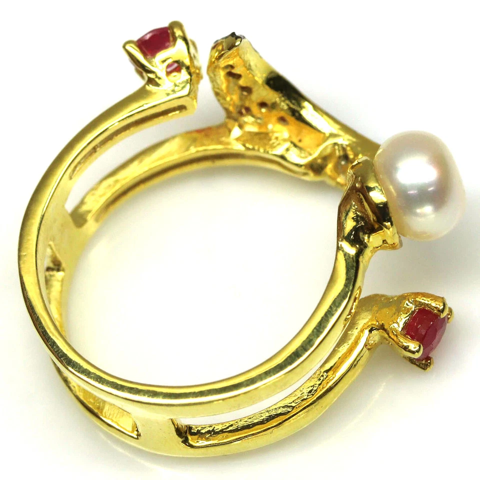 Piedra preciosa 6 mm. Anillo Joyería Perla Blanca y Rubí Rojo Plata 925 Oro 18K Talla 8.5 Foto 3 de 4