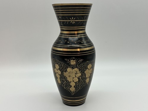 Black Brass 7” Small Vase Gold Etched Design Decor Vintage Vase - Picture 4 of 15