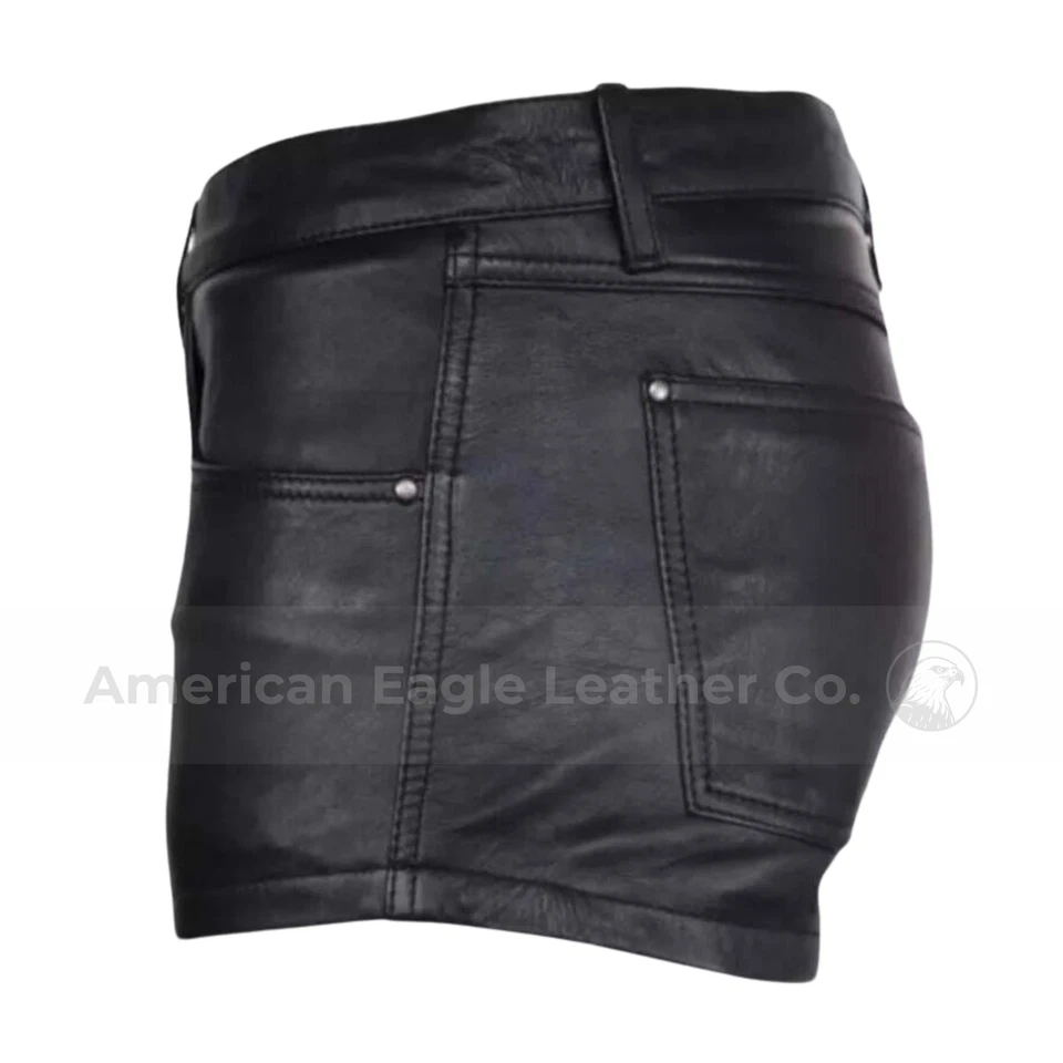 Pantalones Cortos de Cuero Negro para Hombre Cuero Genuino Motociclista Motocicleta Punk Gótico Ropa de Club Foto 2 de 4
