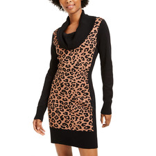 BCX Juniors Black Cowlneck Animal Print Sweater Dress SZ S