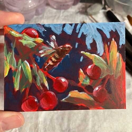 Aceo Original Honeybee Painting Bee Berries Red nature surrealism Art Artettina