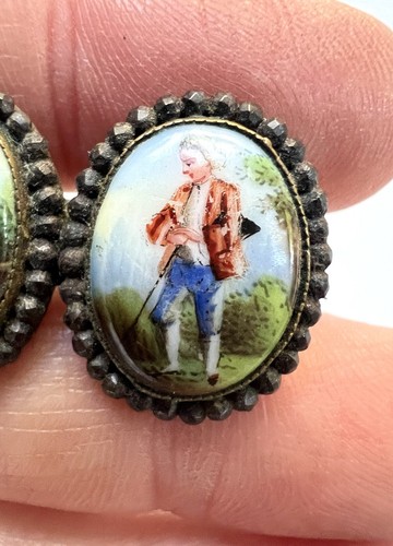 Antique Georgian Cut Steel Edge Hand Painted Porcelain Double Brooch Pin - Picture 5 of 7