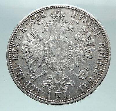 1888 AUSTRIA w King FRANZ JOSEPH I Antique Genuine Silver 1 Florin