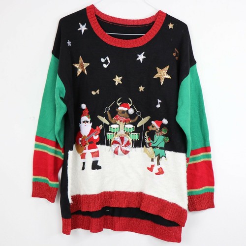 Ugly Christmas Sweater Santa Sparkle Rock Band Women's Pullover Long Over  Sized | eBay