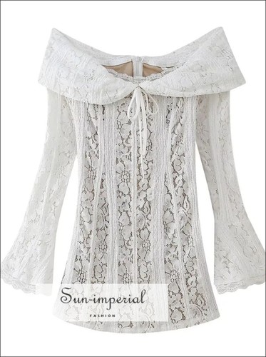 Mini vestido para mujer blanco acampanado de encaje manga larga con hombros descubiertos - Imagen 6 de 12