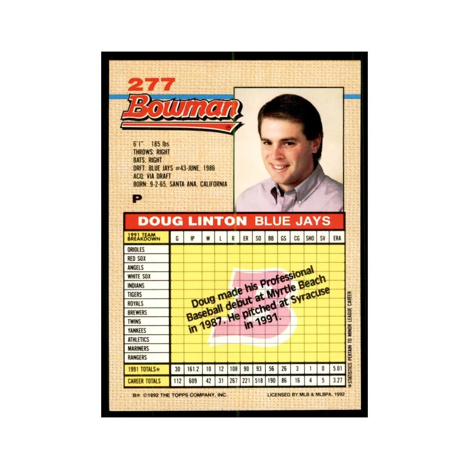 1992 Bowman Doug Linton Baseball Cards #277 - Image 2 of 3