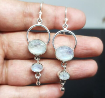 Lush Regenbogen Mondstein Edelstein 925 Sterling Silber Handgemacht Ohrring S-43