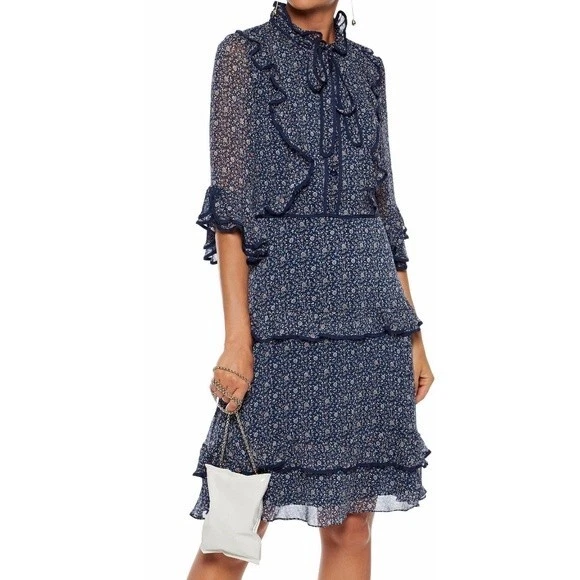 NEW Mikael Aghal Designer Velvet Pussy Bow Ruffle Black Chiffon