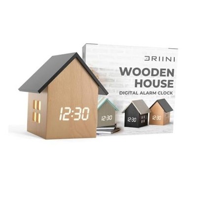Digital House-Shaped Alarm Clock with Temperature Small Light Wood; Black Roof