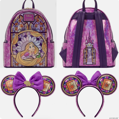 EXCLUSIVE Loungefly Disney Tangled Rapunzel Stained Glass Backpack Ears 2PC NWT