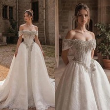 Luxury A-Line Wedding Dresses Off Shoulder Lace Crystals Appliques Brida Gowns