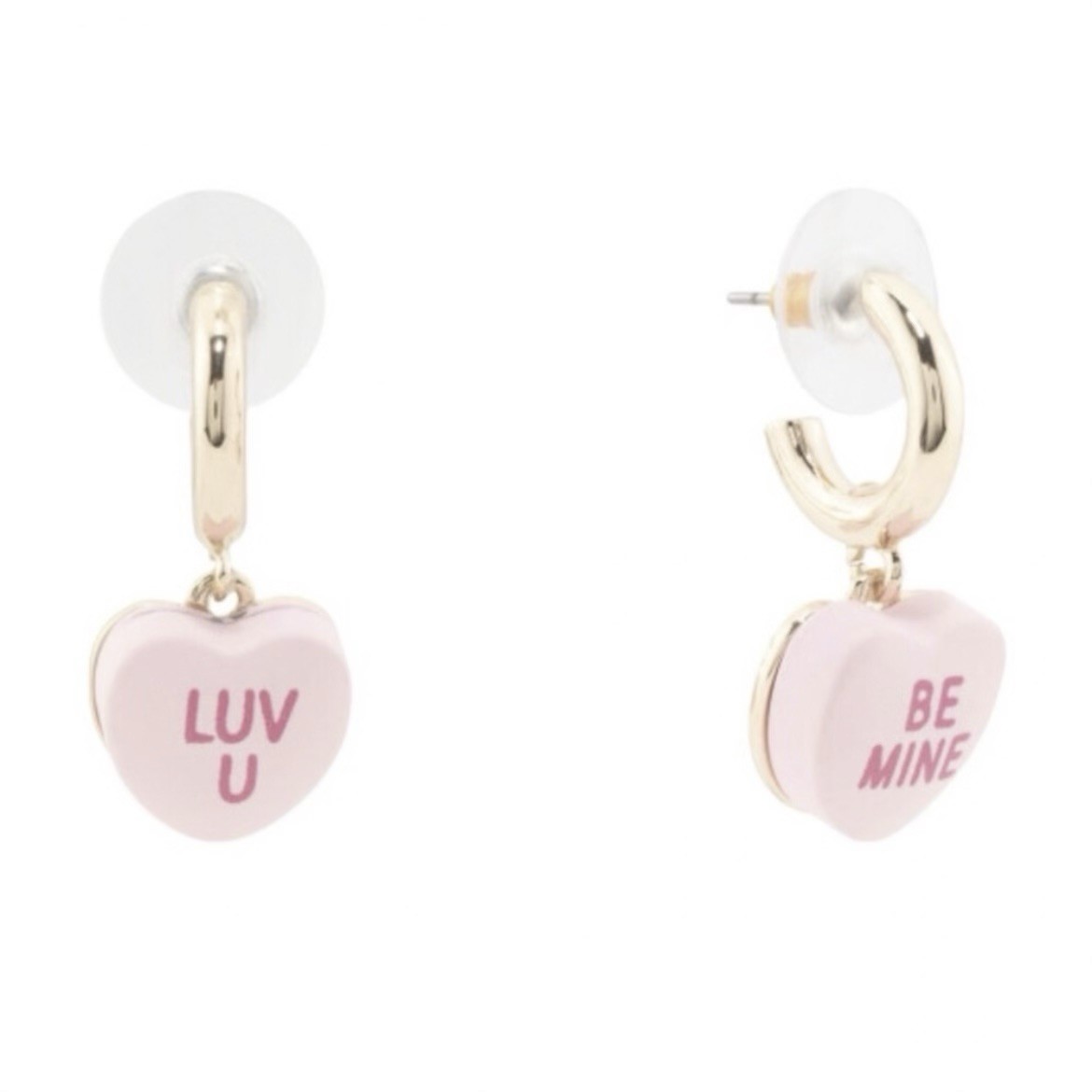 NWT BETSEY JOHNSON Pink Conversation Candy Heart Huggie Hoop Valentines Earrings