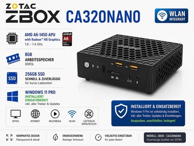 ZOTAC Zbox Mini Pc AMD A6 1450 with Radeon Windows 11 Pro WLAN 8GB 256GB SSD