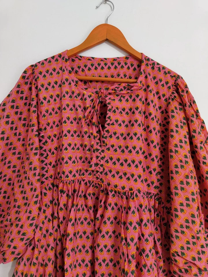 Vestido midi vermelho floral estampa de bloco de mão tamanho grande indiano boêmio algodão - Imagem 4 de 4