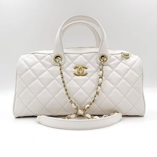 Auth Chanel Boston Handbag White Caviar Leather Gold Hardware Diamond Quilted