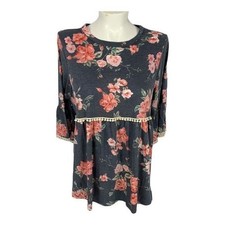 143 Story Women’s Floral Tunic Top 3X Bell Sleeve Lace Trim Pullover Made In USA