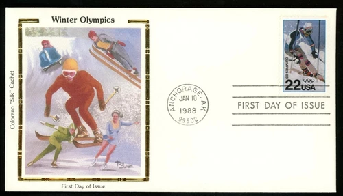 WINTER OLYMPICS 1988 SKIING SPEED SKATING COlorano SILK CACHET FDC VF UNADDR