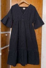 PACT Coastal Double Gauze Cotton Tiered Midi Dress Dark Gray V Neck Sz M Boho