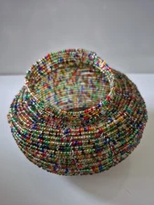 Handwoven Crafted With Wire Seed Glass Beads Trinket Basket Bowl Jewelry Box 4"