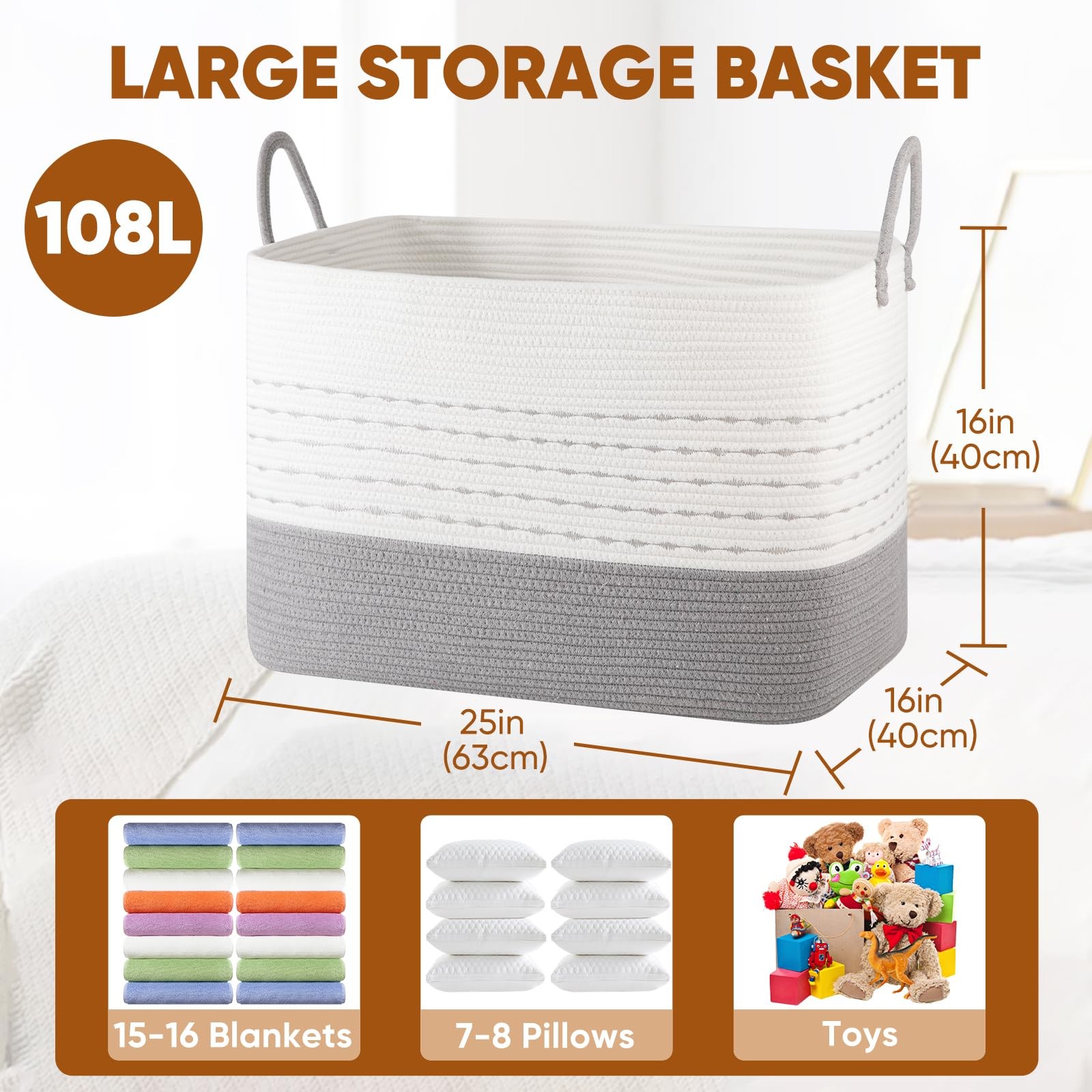 XXL Large Blanket Basket for Living Room, 108L Woven Storage Baskets for Orga...