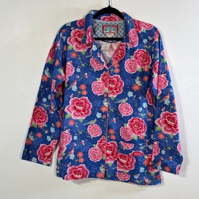 PiP Studio Blue Pink Floral Pajama Top Women s Large Button Down Collared NWT